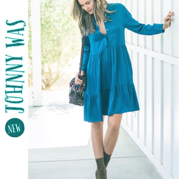 JOHNNY WAS Tiered Mandarin Collar Satiny Cottagecore Dress Peacock XS - Picture 1 of 10